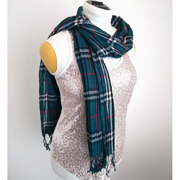 Plaid Tartan Pleated Neck SCARF Green Red White Black Classic Preppy Winter - Picture 4 of 8